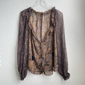 Free People Floral Semi Sheer Blouse Olive Black Brown Puff Sleeve Small